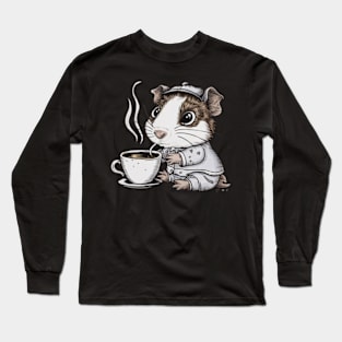 printed design of a guinea pig sipping a cup of coffee, cute cartoon style Long Sleeve T-Shirt